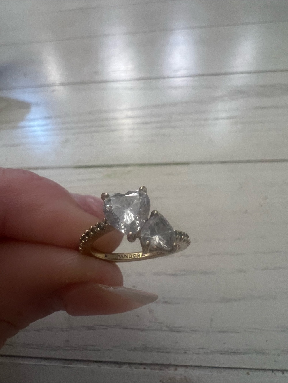 Pandora Double Heart Sparkling Ring Gold Plated Clear CZ Size 4.5 / 48